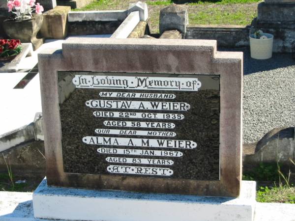 Gustav A. WEIER, died 22 Oct 935 aged 58 years, husband;  | Alma A. WEIER, died 15 Jan 1967 aged 83 years, mother;  | St Paul's Lutheran Cemetery, Hatton Vale, Laidley Shire  | 