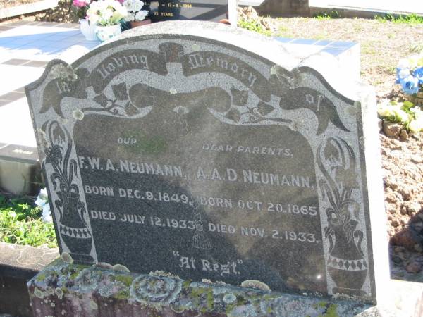 parents;  | F.W.A. NEUMANN, born 9 Dec 1849 died 12 July 1933;  | A.A.D. NEUMANN, born 20 Oct 1865 died 2 Nov 1933;  | St Paul's Lutheran Cemetery, Hatton Vale, Laidley Shire  | 
