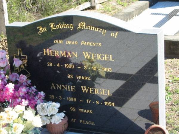 parents;  | Hermann WEIGEL, 29-4-1900 - 3-10-1993, 93 years;  | Annie WEIGEL, 29-3-1899 - 17-8-1994, 95 years;  | St Paul's Lutheran Cemetery, Hatton Vale, Laidley Shire  | 