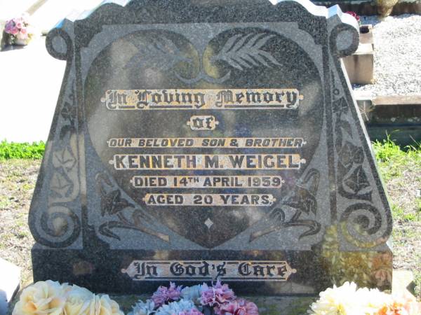 Kenneth M. WEIGEL, died 14 April 1959 aged 20 years, son brother;  | St Paul's Lutheran Cemetery, Hatton Vale, Laidley Shire  | 