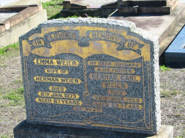 Emma WEIER, wife of Herman WEIER, died 8 Jan 1973 aged 87 years;  | Herman Carl WEIER, died 29 June 1953 aged 69 years, husband father;  | St Paul's Lutheran Cemetery, Hatton Vale, Laidley Shire  | 