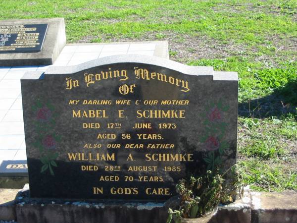 Mabel E. SCHIMKE,  | died 17 June 1973 aged 56 years,  | wife mother;  | William A. SCHIMKE,  | died 28 Aug 1985 aged 70 years,  | father;  | St Paul's Lutheran Cemetery, Hatton Vale, Laidley Shire  | 