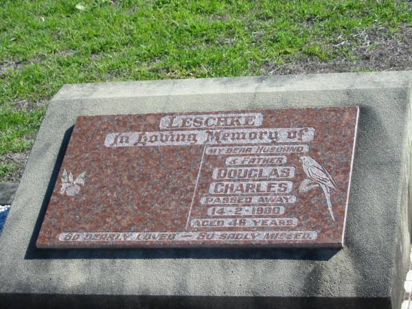 LESCHKE;  | Douglas Charles, died 14-2-1980 aged 48 years, husband father;  | St Paul's Lutheran Cemetery, Hatton Vale, Laidley Shire  | 