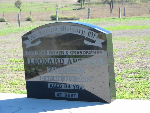 Leonard Arthur ZIEBELL, died 4 July 2004 aged 84 years, father grandfather;  | St Paul's Lutheran Cemetery, Hatton Vale, Laidley Shire  | 