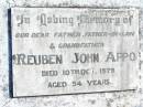 
Reuben John APPO,
father father-in-law grandfather,
died 10 Oct 1979 aged 54 years;
Helidon Catholic cemetery, Gatton Shire
