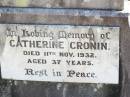 
Charles J. GUNNE (Joe),
died 23 July 1917 aged 25 years;
Catherine GUNNE,
died 21 April 1928 aged 66 years;
Charles GUNNE,
died 3 Jan 1936 aged 72 years;
Patrick CRONIN (Paddie),
died 29 June 1933 aged 4 years;
Catherine CRONIN (Katie),
died 11 Nov 1932 aged 37 years;
Helidon Catholic cemetery, Gatton Shire

