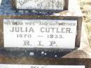 
Julia CUTLER, wife mother,
1870 - 1933;
Alfred Edward CUTLER,
1867 - 1941;
Helidon Catholic cemetery, Gatton Shire
