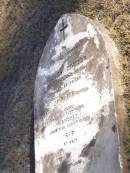 
James COTTER,
died 13 April 1894 aged 67 years;
Bridget, wife,
died 13 Aug 1898;
Helidon Catholic cemetery, Gatton Shire
