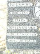 
parents;
Ellen Teresa OBRIEN,
died 16 May 1911 aged 30 years;
John OBRIEN,
died 31 Aug 1945 aged 68 years;
Helidon Catholic cemetery, Gatton Shire
