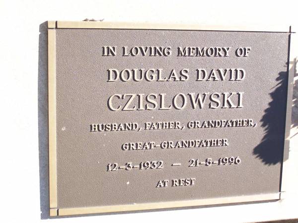 Douglas David CZISLOWSKI,  | husband father grandfather great-grandfather,  | 12-3-1932 - 21-5-1996;  | Helidon Catholic cemetery, Gatton Shire  | 