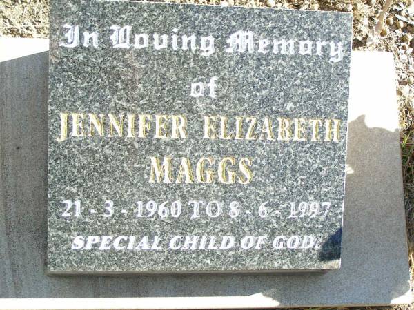 Jennifer Elizabeth MAGGS,  | 21-3-1960 - 8-6-1997;  | Helidon Catholic cemetery, Gatton Shire  | 