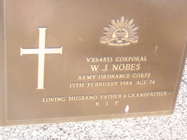 W.J. NOBES,  | died 15 Feb 1984 aged 74,  | husband father grandfather;  | Helidon Catholic cemetery, Gatton Shire  | 
