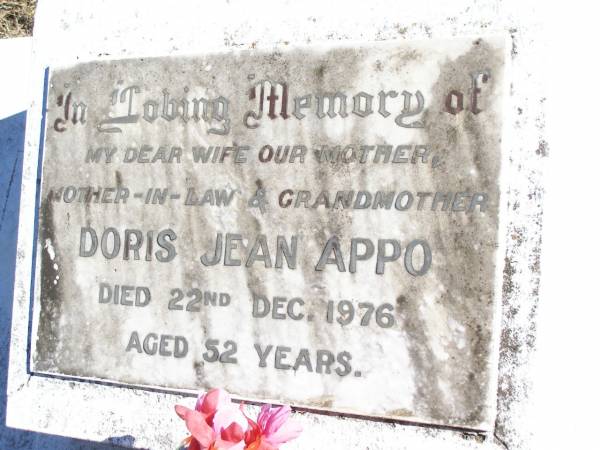 Doria Jean APPO,  | wife mother mother-in-law grandmother,  | died 22 Dec 1976 aged 52 years;  | Helidon Catholic cemetery, Gatton Shire  | 