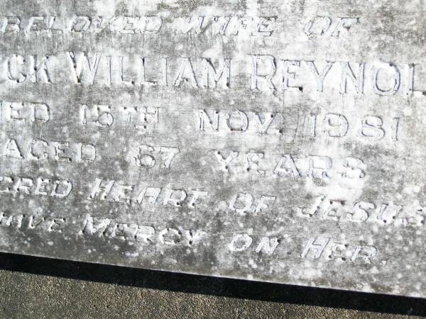 Marcelline Agnes REYNOLDS,  | wife of Patrick William REYNOLDS,  | died 15 Nov 1981 aged 67 years;  | Helidon Catholic cemetery, Gatton Shire  | 