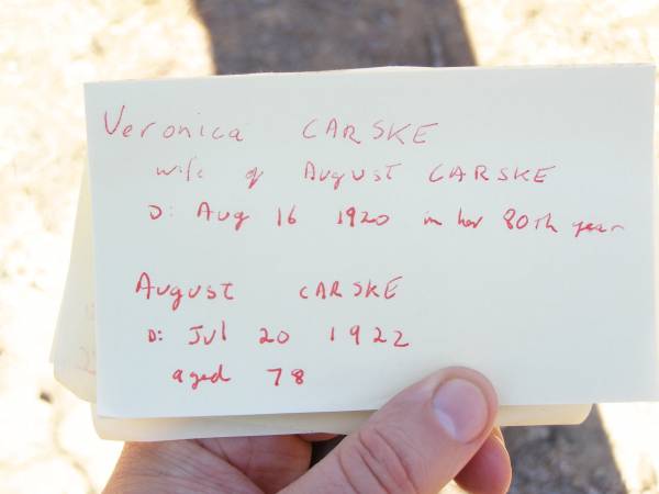 Veronica GARSKE,  | wife of August GARSKE,  | died 16 Aug 1920 in her 80th year;  | August GARSKE, husband,  | died 20 July 1922 aged 78 years;  | Helidon Catholic cemetery, Gatton Shire  | 