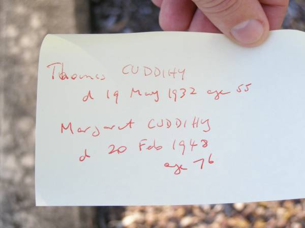 Thomas CUDDIHY,  | died 19 May 1932 aged 55 years;  | Margaret CUDDIHY,  | died 20 Feb 1948 aged 76 years;  | Helidon Catholic cemetery, Gatton Shire  | 