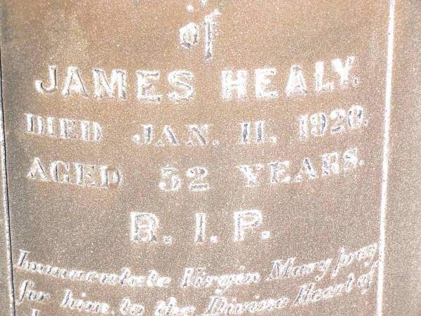 Winifred HEALY,  | wife of Peter HEALY of Helidon,  | died 9 Oct 1909 aged 66 years;  | Peter HEALY, husband,  | native of Co Wicklow Ireland,  | died 11 Dec 1915 aged 79 years;  | Thomas HEALY,  | died 1 May 1920 aged 48 years;  | James HEALY,  | died 11 Jan 1920 aged 32 years;  | Helidon Catholic cemetery, Gatton Shire  | 