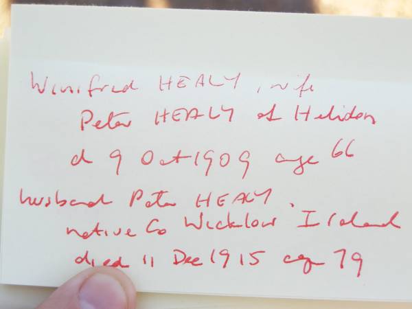 Winifred HEALY,  | wife of Peter HEALY of Helidon,  | died 9 Oct 1909 aged 66 years;  | Peter HEALY, husband,  | native of Co Wicklow Ireland,  | died 11 Dec 1915 aged 79 years;  | Thomas HEALY,  | died 1 May 1920 aged 48 years;  | James HEALY,  | died 11 Jan 1920 aged 32 years;  | Helidon Catholic cemetery, Gatton Shire  | 