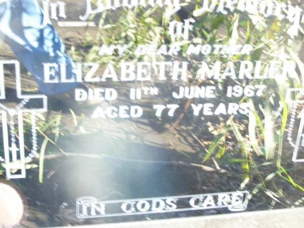 Elizabeth MARLER, mother,  | died 11 June 1967 aged 77 years;  | Helidon Catholic cemetery, Gatton Shire  | 