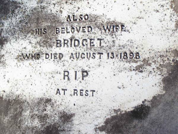 James COTTER,  | died 13 April 1894 aged 67 years;  | Bridget, wife,  | died 13 Aug 1898;  | Helidon Catholic cemetery, Gatton Shire  | 