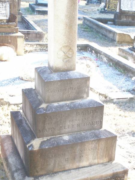 Patrick BARRY,  | husband of Mary Ellen BARRY,  | died 3 March 1914 aged 30 years;  | Helidon Catholic cemetery, Gatton Shire  | 
