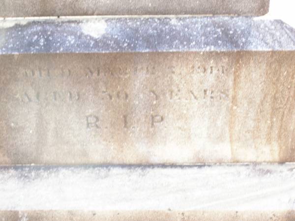 Patrick BARRY,  | husband of Mary Ellen BARRY,  | died 3 March 1914 aged 30 years;  | Helidon Catholic cemetery, Gatton Shire  | 