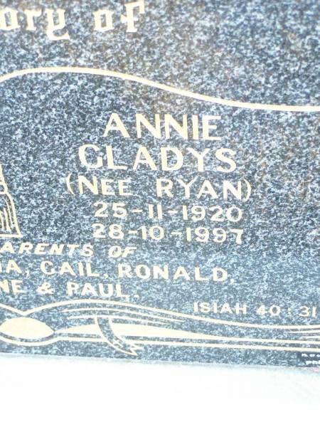 John Douglas CORBETT,  | 31-5-1913 - 2-7-1985;  | Annie Gladys CORBETT, nee RYAN,  | 25-11-1920 - 28-10-1997;  | parents of Barry, Patricia, Gail, Ronald,  | Marlene & Paul;  | Helidon Catholic cemetery, Gatton Shire  | 