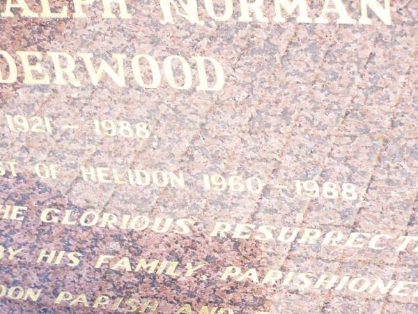 Father Ralph Norman UNDERWOOD,  | 1921 - 1988,  | parish priest of Helidon 1960 - 1988;  | Helidon Catholic cemetery, Gatton Shire  | 