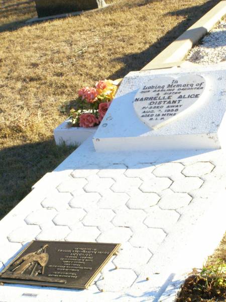 Narelle Alice DISTANT,  | daughter sister,  | died 2 Aug 1958 aged 18 months;  | Isobel Charlotte Mary DISTANT, mum,  | 25/2/1919 - 15/7/2005,  | ashes scattered with Narelle;  | Helidon Catholic cemetery, Gatton Shire  | 