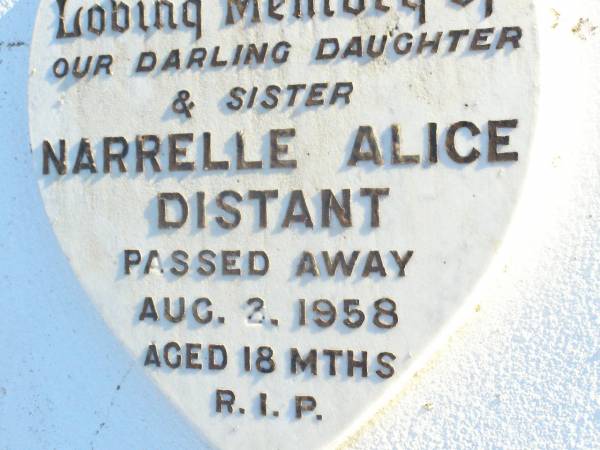 Narelle Alice DISTANT,  | daughter sister,  | died 2 Aug 1958 aged 18 months;  | Isobel Charlotte Mary DISTANT, mum,  | 25/2/1919 - 15/7/2005,  | ashes scattered with Narelle;  | Helidon Catholic cemetery, Gatton Shire  | 