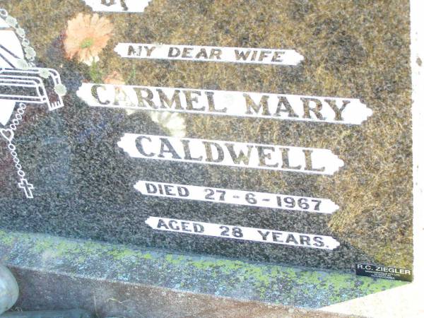 Carmel Mary CALDWELL, wife,  | died 27-6-1967 aged 28 years;  | Helidon Catholic cemetery, Gatton Shire  | 