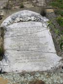 parents;
Richard KETTLE,
died 1 Oct 1915 aged 76 years;
Annette,
wife,
died 7 March 1915 aged 56 years;
Sarah KETTLE,
died 12 Dec 1886 aged 16 years;
Sarah, mother,
died 17 Nov 1888 aged 49 years;
Helidon General cemetery, Gatton Shire