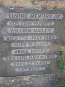 
parents;
William BAILEY,
died 17 July 1933 aged 71 years;
Annie BAILEY,
died 20 March 1949
aged 84 years;
Helidon General cemetery, Gatton Shire
