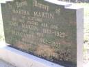 Martha MARTIN,
of Scotland,
died visiting her son John Martin,
1858 - 1923;
Margaret,
wife,
1862 - 1937;
Thomas,
son,
1892 - 1892;
Jack,
son,
1895 - 1915;
Helidon General cemetery, Gatton Shire