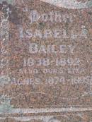 Robert BAILEY,
father,
1838 - 1924;
Isabella BAILEY,
mother,
1838 - 1892;
Agnes,
sister,
1874 - 1895;
Helidon General cemetery, Gatton Shire