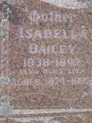 
Robert BAILEY,
father,
1838 - 1924;
Isabella BAILEY,
mother,
1838 - 1892;
Agnes,
sister,
1874 - 1895;
Helidon General cemetery, Gatton Shire
