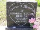 Andrea Louise HEDGES,
died 9-9-1965 aged 3 days;
Helidon General cemetery, Gatton Shire