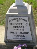 
Herbert C. HEDGES,
1928 - 1936;
Julie Marie HEDGES,
aged 2 days;
Helidon General cemetery, Gatton Shire
