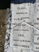 Clara,
daughter of A. & M. WILKINSON,
died 30 May 1898;
Cecil,
son of J. & M. BUDD,
aged 6 weeks;
Bertha WILKINSON,
wife mother,
died 28 July 1937 aged 66 years;
Florence, daughter,
died 16 Jan 1899 aged 5 years;
Helidon General cemetery, Gatton Shire
