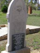 Mary CRAN,
wife of James CRAN,
native of Aberdeen Scotland,
died 25 Oct 1911 aged 54 years;
Mary,
daughter,
wife of Herbert WELLS,
died 20 Nov 1015 aged 25 years;
James CRAN,
husband of Mary CRAN,
died 22 Jan 1947 aged 90 years;
Helidon General cemetery, Gatton Shire