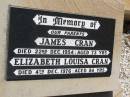 parents;
James CRAN,
died 22 Dec 1954 aged 73 years;
Elizabeth Louisa CRAN,
died 4 Dec 1976 aged 84 years;
James Andrew CRAN,
died 23 Sept 2002 aged 79 years;
Isobel Mary CRAN,
died 21 Aug 1996 aged 67 years;
Helidon General cemetery, Gatton Shire