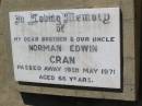 
Norman Edwin CRAN,
brother uncle,
died 19 May 1971 aged 66 years;
Helidon General cemetery, Gatton Shire
