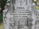 Emma,
wife of Jacob Chaille DUKE,
died 24 May 1913 aged 59 years;
Herbert RENEAU,
died 18 May 1899 aged 2 years 4 12 months;
Helidon General cemetery, Gatton Shire