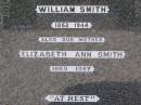 William SMITH,
husband father,
1862 - 1944;
Elizabeth Ann SMITH,
mother,
1869 - 1957;
Helidon General cemetery, Gatton Shire