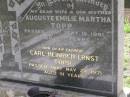 
Auguste Emilie Martha TOPP,
wife mother,
died 10 Sept 1961 aged 77 years;
Carl Heinrich Ernst TOPP
died 24 May 1971 aged 91 years;
Helidon General cemetery, Gatton Shire

