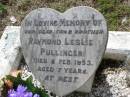 
Raymond Leslie PULLINGER,
son brother,
died 8 Feb 1953 aged 7 years;
Helidon General cemetery, Gatton Shire
