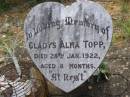 
Gladys Alma TOPP,
died 28 Jan 1922 aged 8 months;
Helidon General cemetery, Gatton Shire
