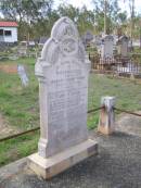 Elizabeth GOMM,
wife of Robert Henry GOMM,
died 16 August 1920,
born Buckinghamshire England 1842 aged 78 years;
Robert Henry GOMM,
husband,
native of Buckinghamshire England,
died 16? Oct 1922 aged 81 years;
Helidon General cemetery, Gatton Shire
