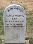 Harold Victor KAY, died 18 Jan 1926 aged 31 years; Helidon General cemetery, Gatton Shire 