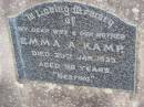 Emma A. KAMP,
wife mother,
died 20 Jan 1935 aged 56 years;
Helidon General cemetery, Gatton Shire